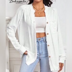 White Button-Up Boho Top, L